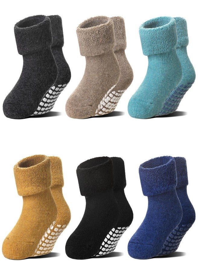 Eocom 6 Pairs Baby Boy Girl Non Slip Socks Child Toddler Winter Thick Soft Wool Kids Warm Socks with Grips(Yellow/Black/Brown/Grey/Blue/Green, 1-3T) - Image 1